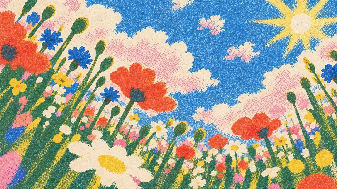 A risograph print of a Dutch flower field seen from the ground — poppies, cornflowers and daisies against a halftoned blue sky.